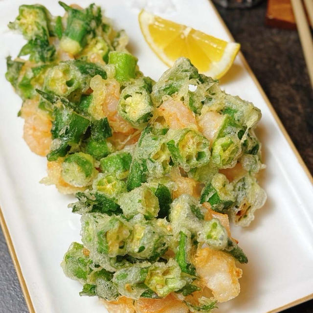 おうち居酒屋にぴったり♡サクネバぷりっと食感♪夏野菜がおいしい！『オクラとエビのかき揚げ』