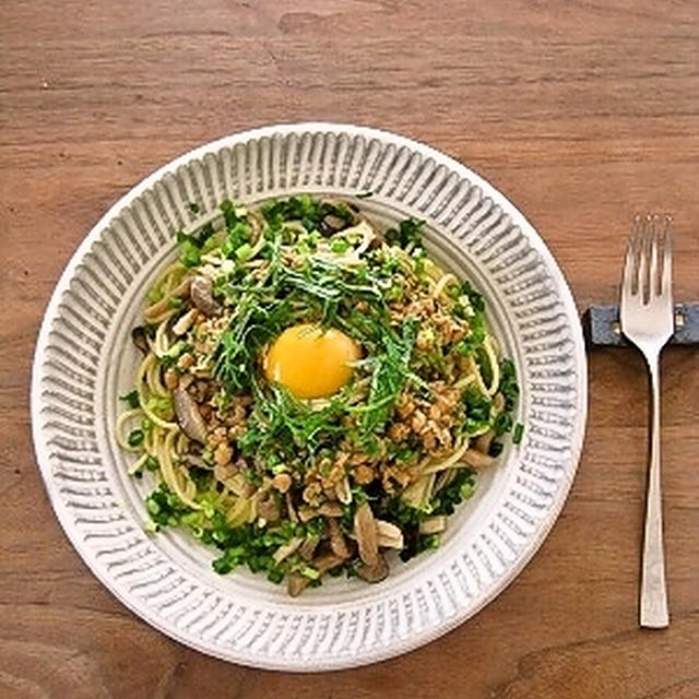 ゆりりさんの*納豆と茸のオイルマリネのパスタ