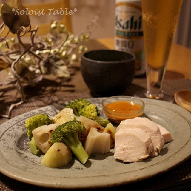ヘルシー晩ごはん？茹で鶏と蒸し野菜