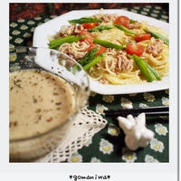 ★マ・マーつけて食べるスパゲティ de ドレッシングスープのツナとアスパラのつけスパ♪