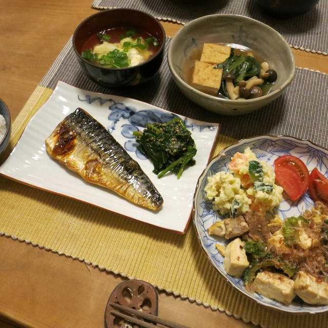 塩鯖＆ゴーヤチャンプルの晩ご飯　と　３時に咲くから”三時草”♪