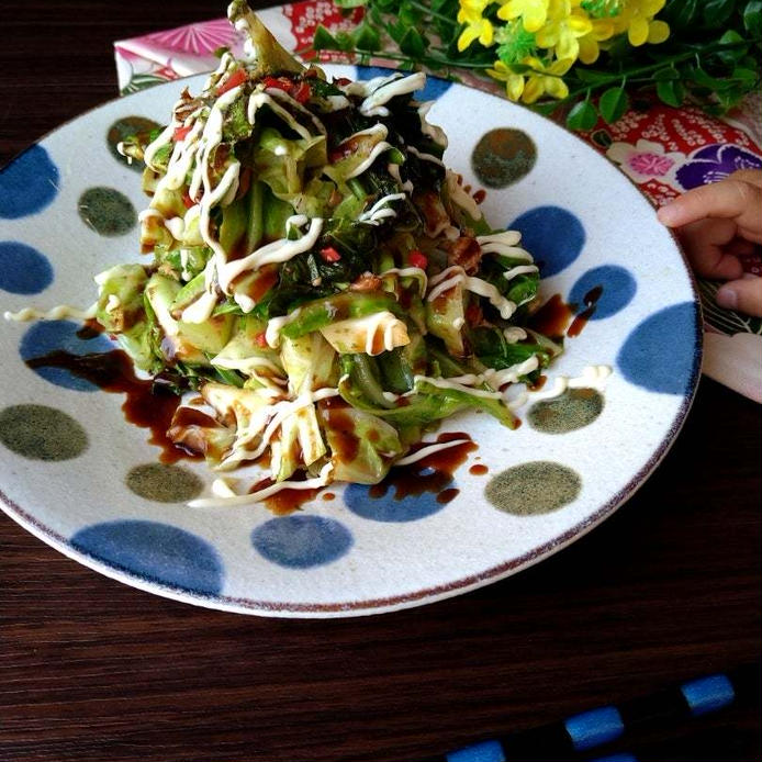 水玉模様の皿にのった春キャベツの無限お好み焼き風サラダ