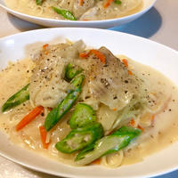 鱈と野菜のクリームチャウダーパスタ