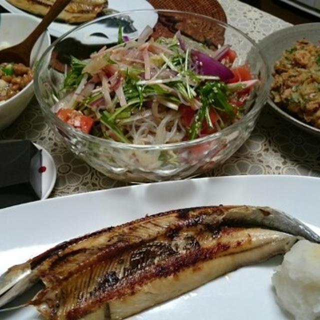 秋刀魚焼き 春雨サラダ