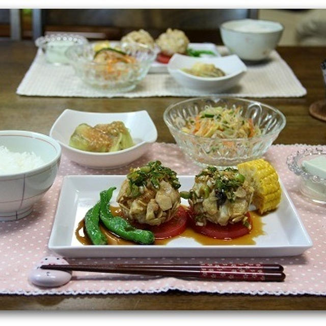 まぐろと長いものナッツ衣揚げ　焼きなすを味噌ソースで