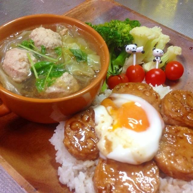 甘辛れんこんつくねプレート♪ ＆ リコピンさん♪の鶏団子スープ♪