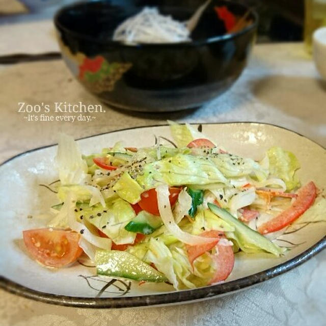 簡単ドレッシングでレタスの中華風サラダと冷凍庫探検隊。