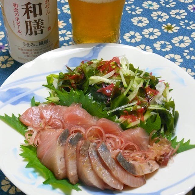 旨み爽やかな和食のビール「和膳」に、夏ぶりと海藻サラダのわさびポン酢添え。
