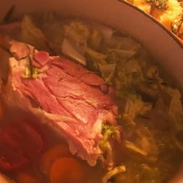 骨付きハムと野菜のスープ+新じゃがのネギ味噌