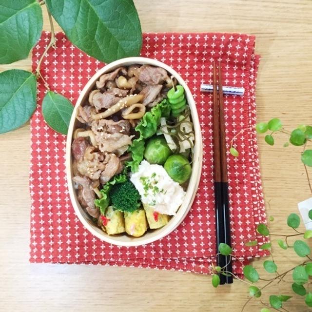 パパの☆豚肉としめじの甘辛炒めのっけ弁当♪