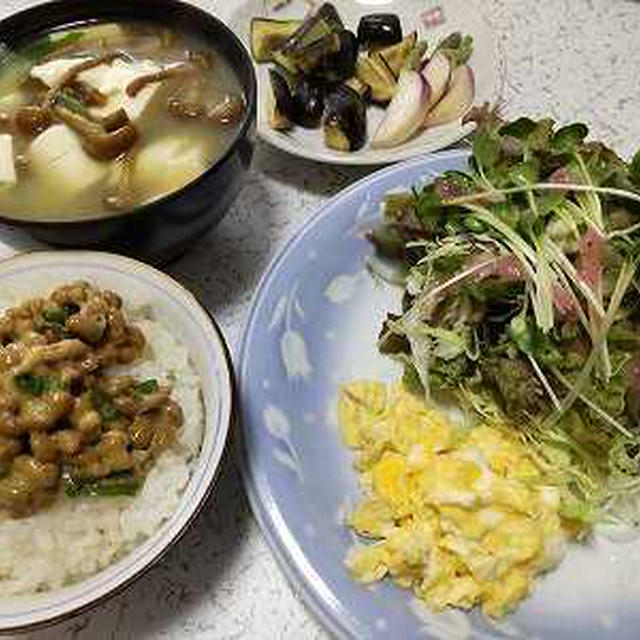 納豆ご飯とサラダと味噌汁