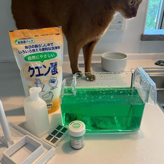 色付けたクエン酸水で、製氷機を掃除しました　チョロっとひめりす