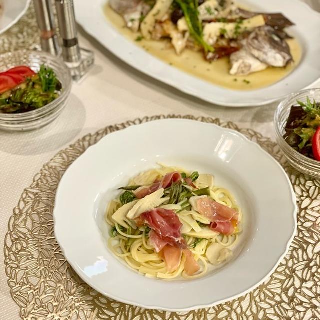 春パスタと鯛アラのアクアパッツァの夜ごはん