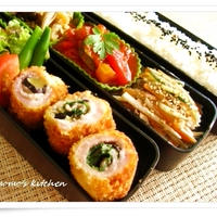 【茄子とチーズ、豚肉のくるくる一口ロールカツ～本日のお弁当と先日のお弁当】