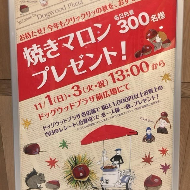 11月1日と3日13時から二子玉川 ドッグウッドプラザ前広場で焼きマロン先着300名プレゼント