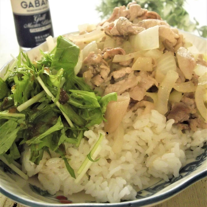 野菜と豚こまの炒め物がご飯の上にのっている