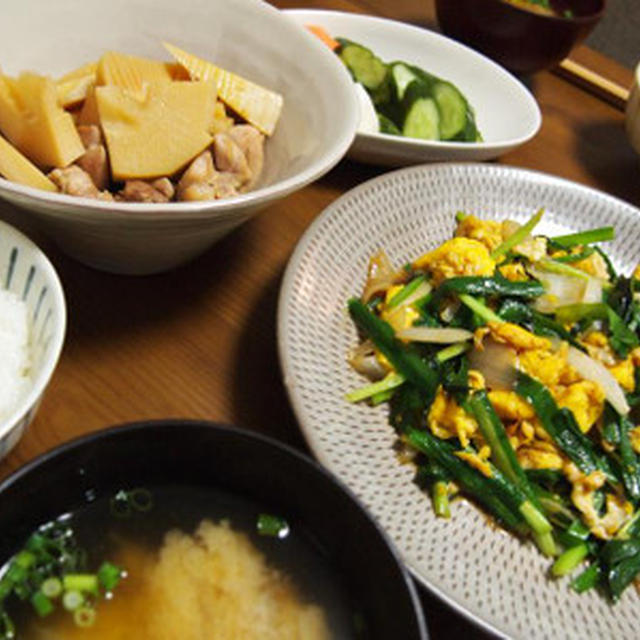 鶏肉と筍の炒め煮とニラ玉