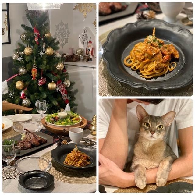 クリスマスの夜ごはん〜カニのトマトパスタ、ラムチョップグリル、リースサラダ&甘々ぼくちんにメロメロパパ