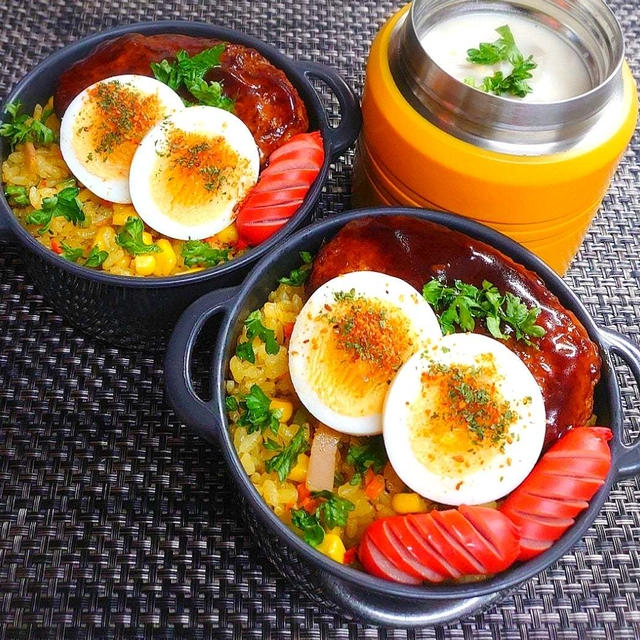 母とムスコのラブラブおソロ♪カレーピラフ＆帆立チャウダー弁当