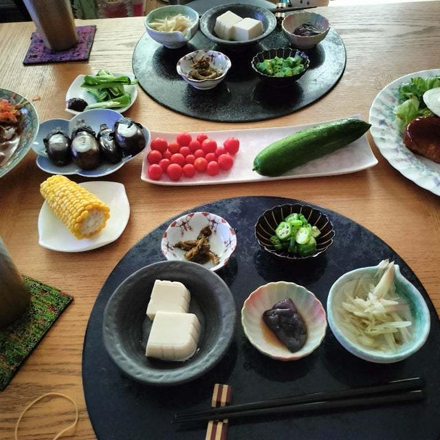 お弁当リメイク大皿といもフライ、プランター野菜と小鉢５品で昼から家呑み