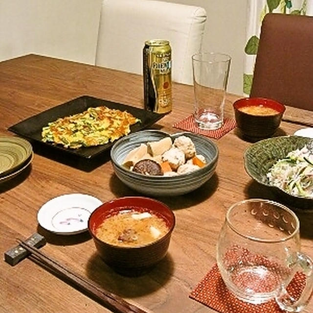 ふわふわ鶏団子と高野豆腐の煮物とまゆちゃんの*にらチーズちぢみ
