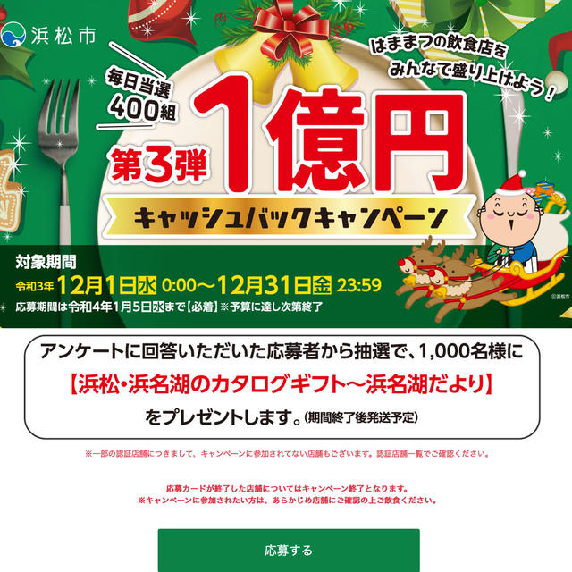 毎日400名に当選！浜松市飲食代キャッシュバックキャンペーン　12/31まで