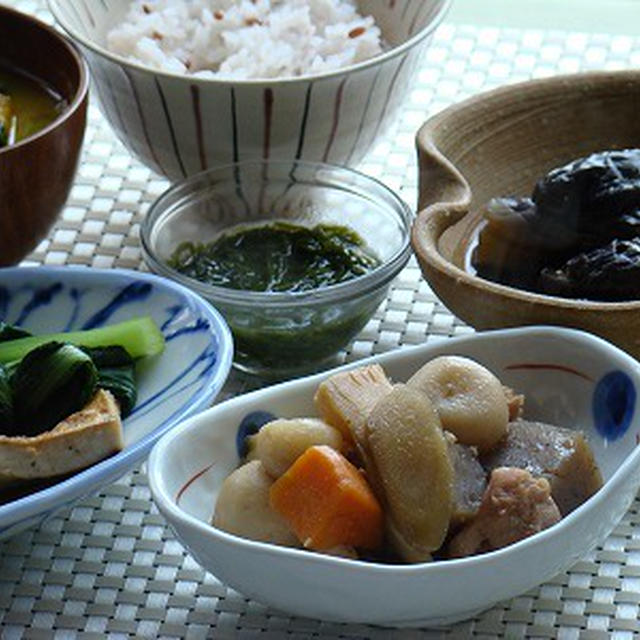 髪、切った？　/　なすのめんつゆ煮　鶏肉と根菜のみそ煮　青梗菜のさっと煮