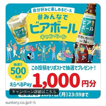 【当選】サントリー『えらべるpay1,000円分』