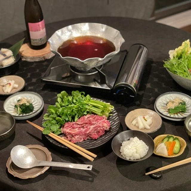 赤城牛でせり鍋の夜ごはん