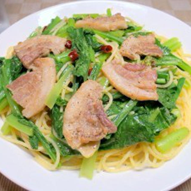 豚バラ肉と小松菜のパスタ