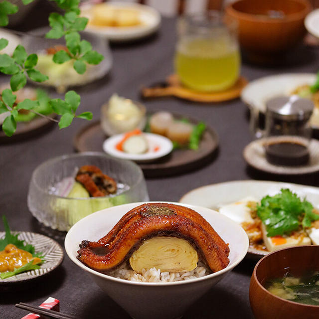 【丑の日の献立】鰻たま丼と、うに丼と、翡翠茄子のうざく風と、よだれ豆腐などなど。