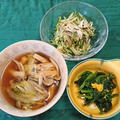 小鉢もの3品：白菜と油揚げの煮浸し、鶏肉と野菜の梅風味和え、ほうれん草の生からすみ和え