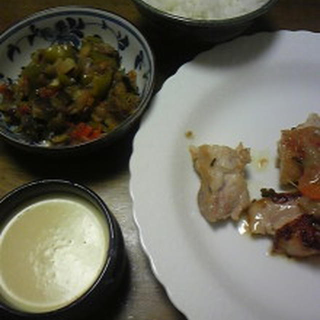 梅干しで地養鶏のサルミ、ラタトィユ、コーンスープ