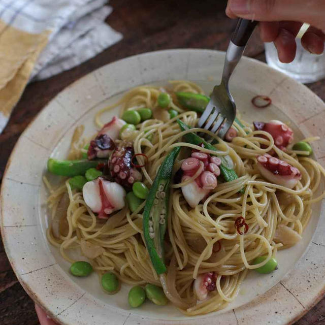 【レシピ】タコとオクラのころころ枝豆ペペロンチーノ