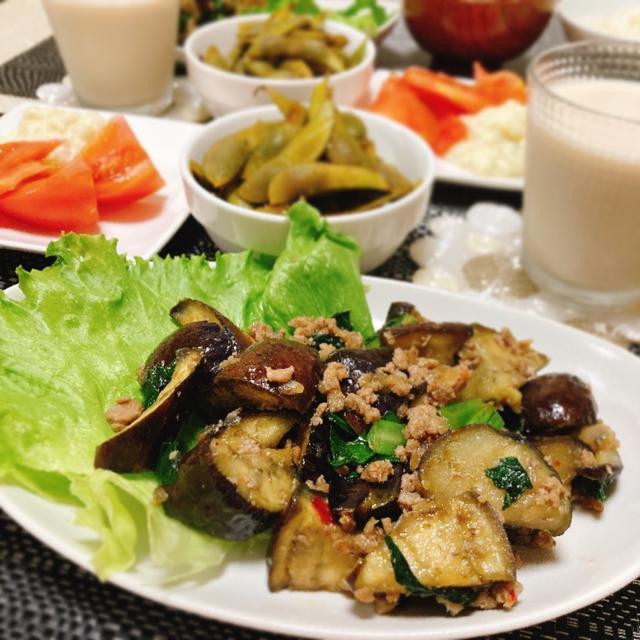 豚そぼろと茄子の炒め物の夕ご飯