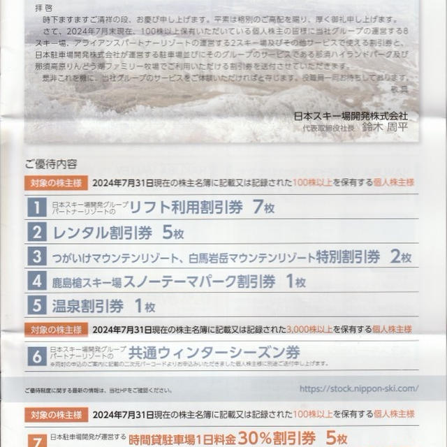 本日の優待到着　日本スキー場開発　駐車場・リフト等割引券