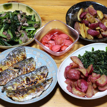 長崎県五島産サバの塩焼き、自家栽培ハツカダイコンの揚げ浸し、自家栽培コマツナと砂肝の炒めものほか