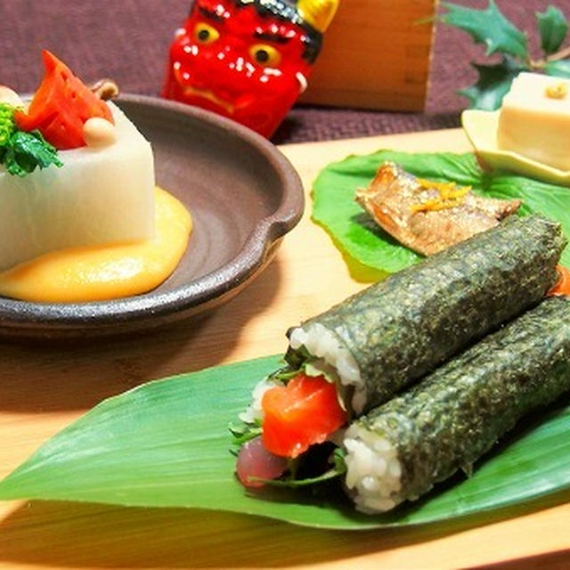 節分のおもてなし料理♪　　大根を豆まきの升に見立てた升大根