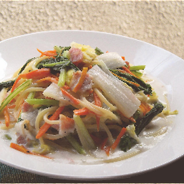 本日のパスタ、簡単！白菜とたっぷり野菜のクリーム煮風