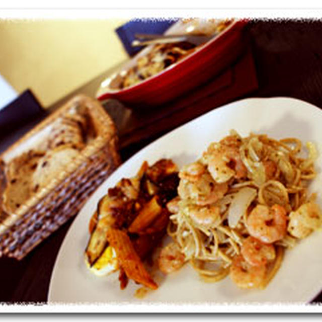 【レシピ】パスタ二種：茄子とミートソースペンネの重ね焼き、小エビの白ワインバターソースパスタ