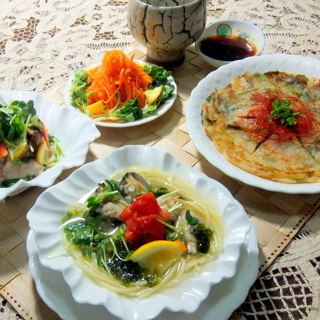 「鯛とミツバの塩昆布マリネ」、「アサリとアオサ海苔のスープスパゲッティー」