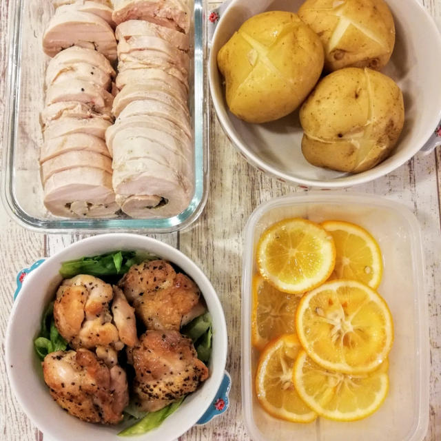 【作りおき】鶏ハム、バジルチキン、はちみつレモン、蒸かしじゃが