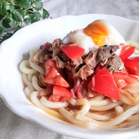 エイジングケアに♪『トマトとサバのにんにく醤油冷やしうどん』のレシピ【宮崎県産のピーマンが主役】