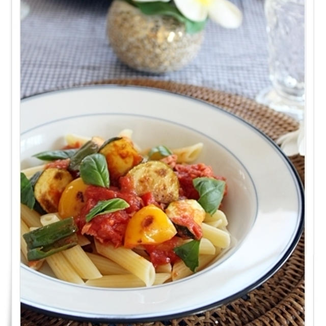 おすすめのオリーブオイルで♪焼き夏野菜＆ツナトマトソースのペンネ