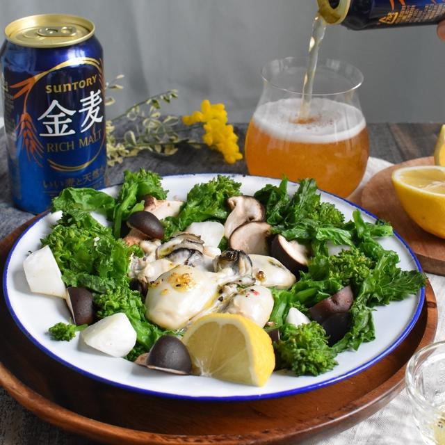 牡蠣と菜の花のフライパン蒸し ＃藍のある食卓