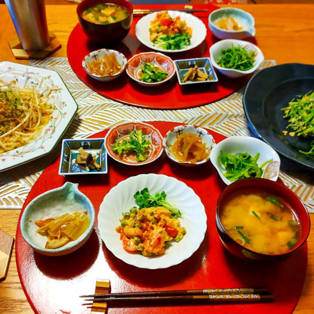 豆苗と玉子の炒め、もやしと干しえびの塩やきそば、小鉢６品と味噌汁で晩酌