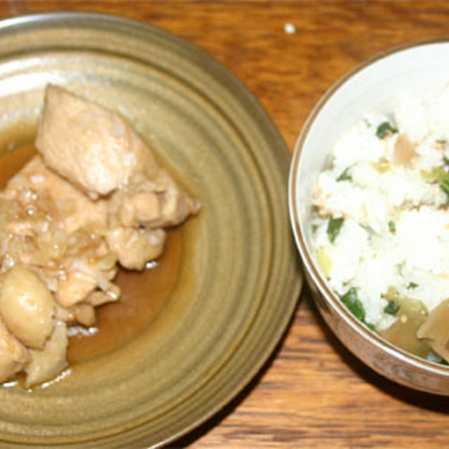 鶏胸肉の甘酢煮とザーサイとチンゲン菜の混ぜご飯