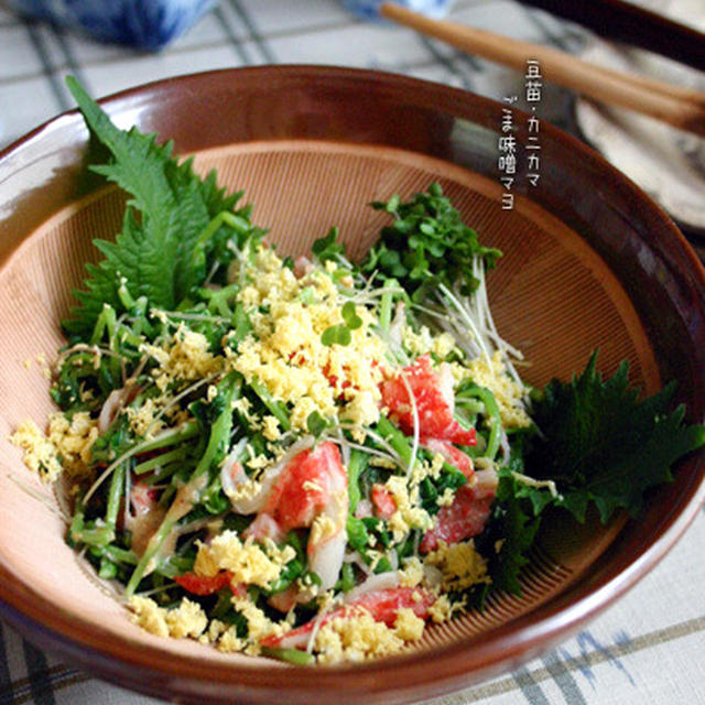 アレルギーさんへ【豆苗・カニカマ。ごま味噌マヨ和え】