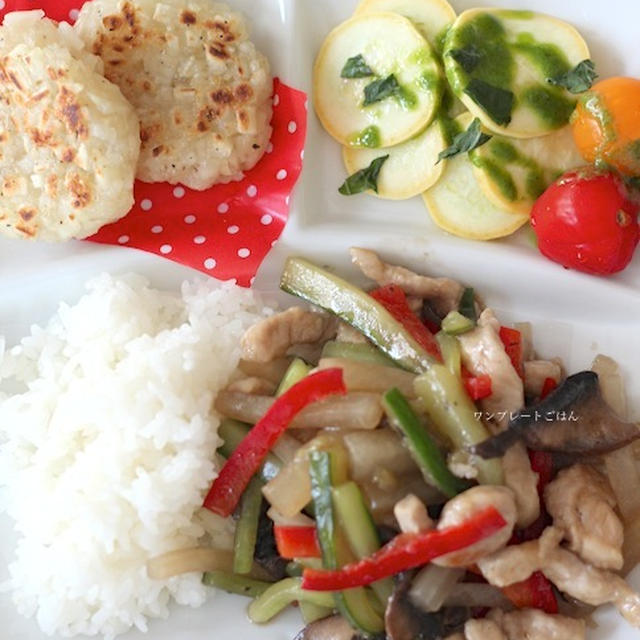 豚肉と彩り野菜のシャキシャキ炒め、ハーブハッシュポテト