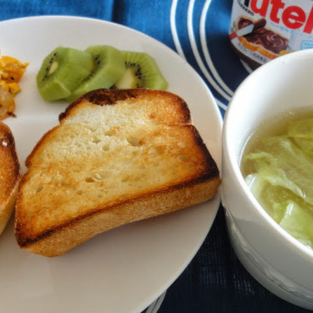 【パンで朝食】レタスのスープ＆アスパラ卵炒め